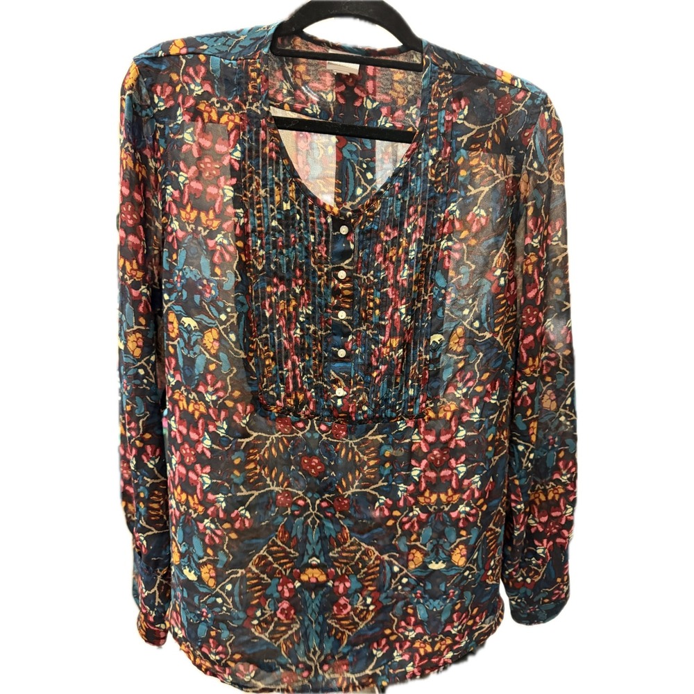 Converse One Star Womens Sheer Floral Pleated Bib Blouse Boho Long Sleeve Top